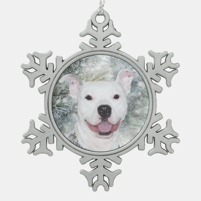 Weißes pitbull Weihnachten Schneeflocken Zinn-Ornament (Vorderseite)