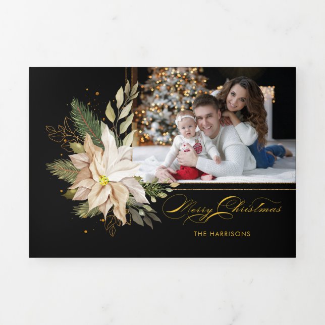 Weißes Poinsettias mit goldfarbenem Foto Dreifach Gefaltete Urlaubskarte (Cover)
