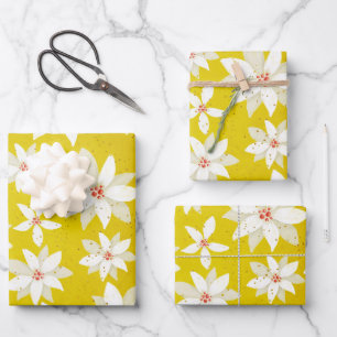 Weißes Poinsettias Rote Akzente Hellgoldenes Gelb Geschenkpapier Set