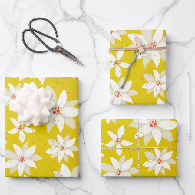 Weißes Poinsettias Rote Akzente Hellgoldenes Gelb Geschenkpapier Set (Vorderseite)
