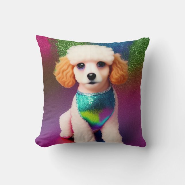 Weißes Poodle mit Cremeohren auf Regenbogenfunkel Kissen (Vorderseite)