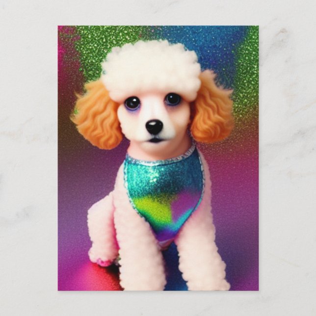 Weißes Poodle mit Cremeohren auf Regenbogenfunkel Postkarte (Vorderseite)