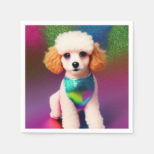 Weißes Poodle mit Cremeohren auf Regenbogenfunkel Serviette (Vorderseite)