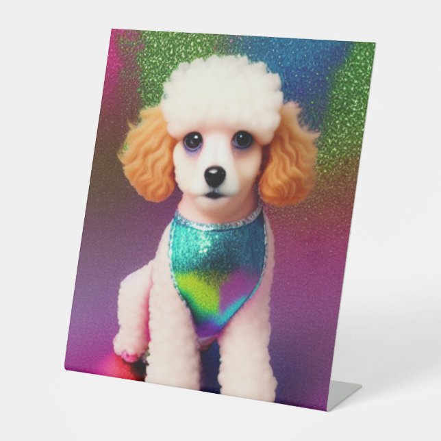 Weißes Poodle mit Cremeohren auf Regenbogenfunkel Sockelschild (Vorderseite)