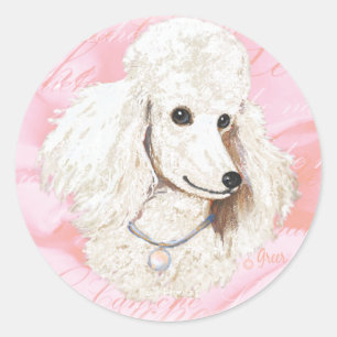 Weißes Poodle n Rose Portrait Runder Aufkleber