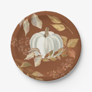 Weißes Pumpkin-Herbstlaub Erntedank Papierplatte Pappteller