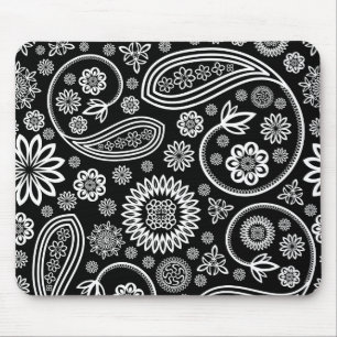 Weißes Retro-Blumendesign auf schwarz Mousepad