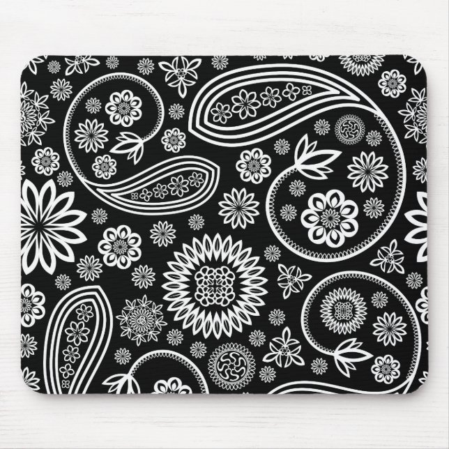 Weißes Retro-Blumendesign auf schwarz Mousepad (Vorne)