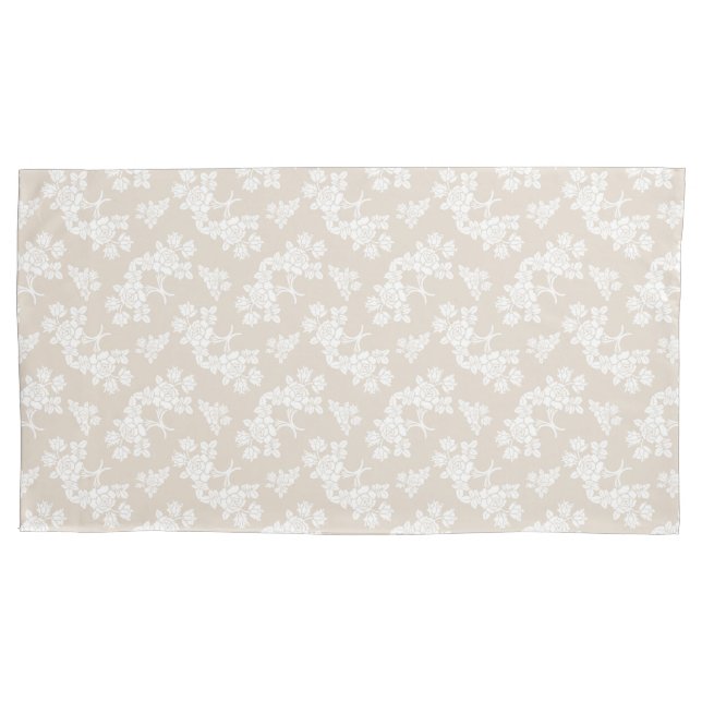 Weißes Rosenmuster über Tan Light Brown Kissenbezug (Vorderseite)