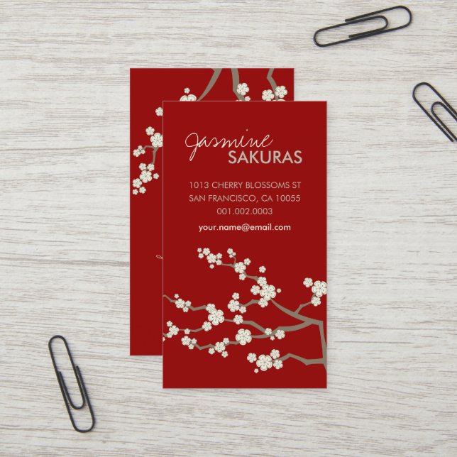 Weißes Sakura Orientalisches Kirschblüten Elegante Visitenkarte (Vorderseite/Rückseite Beispiel)
