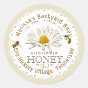 Weißes Scallop Honey-Label mit Daisy und Honigbien Runder Aufkleber