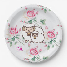Weißes Schaf mit Baby Lamm und Rose Monogramm