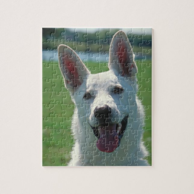 Weißes Schäferhund-Hundezinn mit Puzzlespiel (Vertikal)