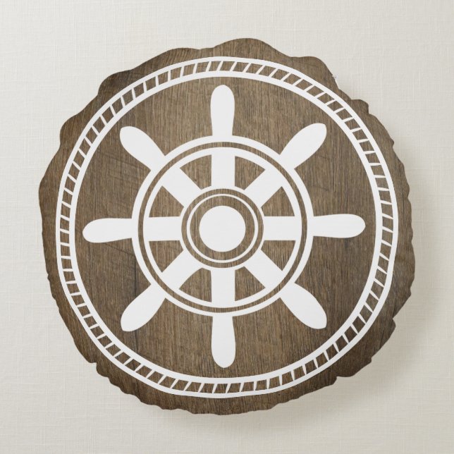 Weißes Schiffrad Nautical Wood Grain Rundes Kissen (Rückseite)