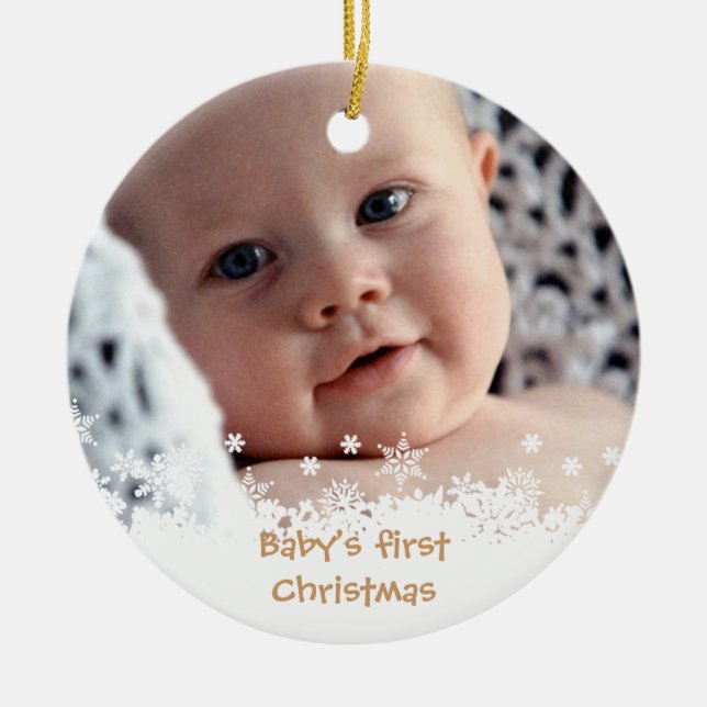 Weißes Schneeflocken, braunes Lebkuchen, Foto Keramik Ornament (Vorne)
