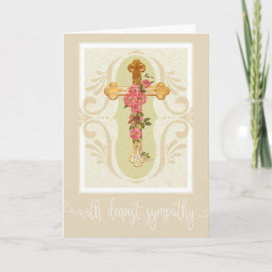 Weißes Schrift-Overlay   Goldkreuz-Rosen Beileid Karte