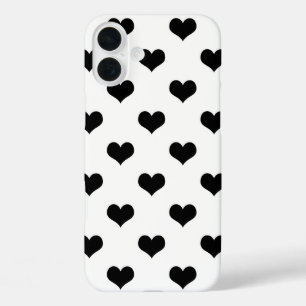 Weißes Schwarz-Liebesherz-Musterdesign iPhone 16 Plus Hülle