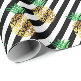 Weißes schwarzes Streifen tropisches Ananas-Gold Geschenkpapier