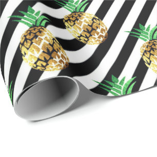 Weißes Schwarzes stripes Ananasgold der tropische Geschenkpapier