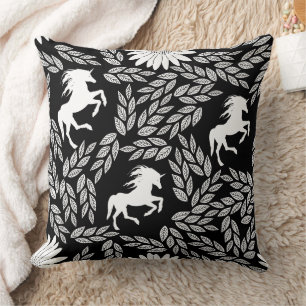 Weißes & schwarzes trendiges Einhorn & Blumenmuste Kissen