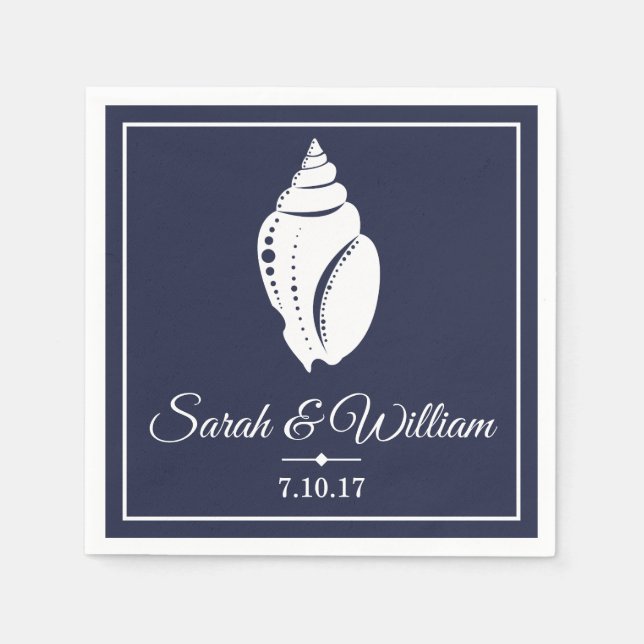 Weißes Seashell und Navy Blue | Personalisiert Serviette (Vorderseite)