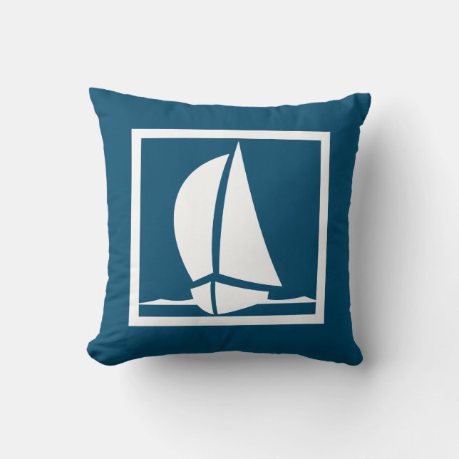 weißes Segelboot auf marineblau Kissen (Vorderseite)