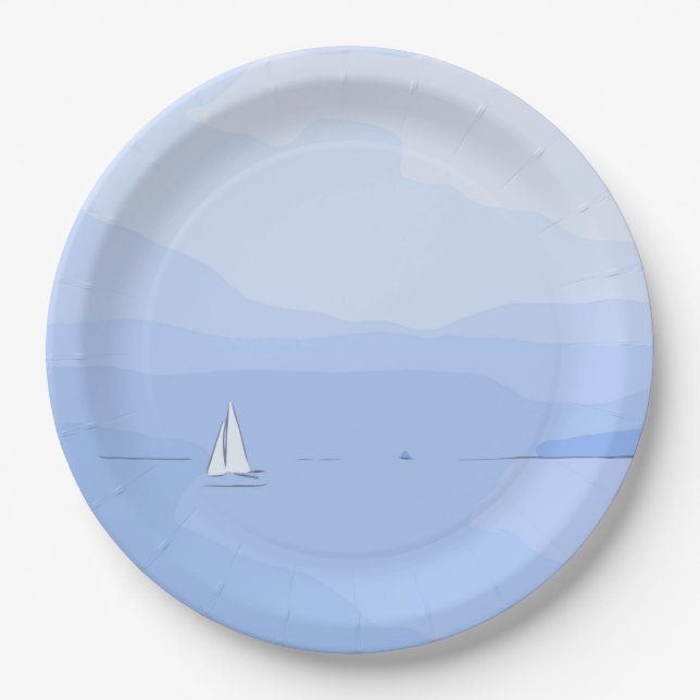 Weißes Segelboot im See am blauen Himmel Pappteller (Vorderseite)