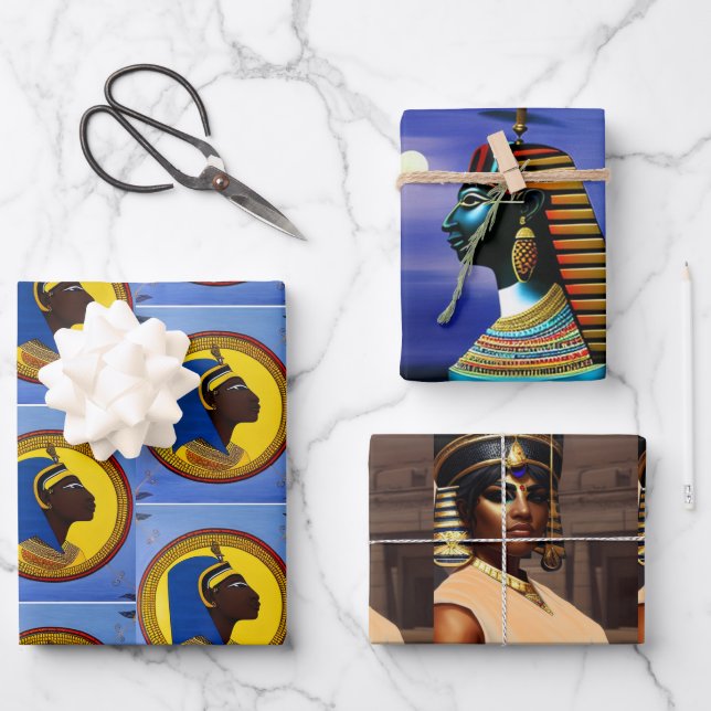 Weißes Set aus schwarzem ägyptischem Wrapping Geschenkpapier Set (Vorderseite)