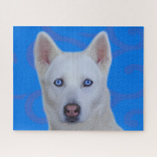 Weißes Sibirisches Husky-Jigsaw-Puzzle (Blue BG)