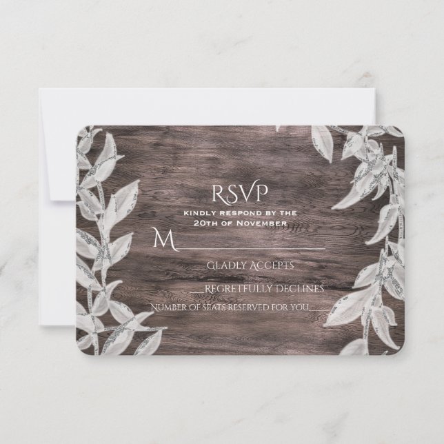 Weißes Silber Blätter Rustikaler Holzfall Elegante RSVP Karte (Vorderseite)