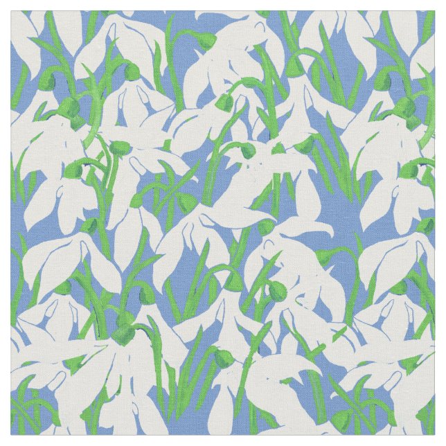 Weißes Snowdrops auf weichem blauem Blumenmuster Stoff (Nahaufnahme)