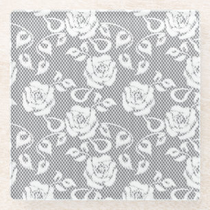 Weißes Spitzemuster auf grauem Hintergrund Glasuntersetzer