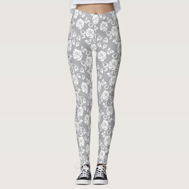 Weißes Spitzemuster auf grauem Hintergrund Leggings (Vorderseite)