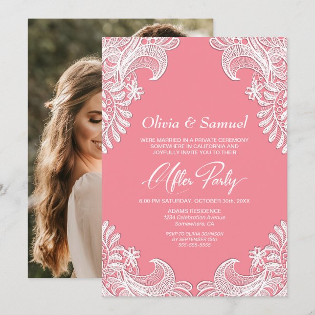 Weißes Spitzen Rosa Foto Hochzeit nach dem Party Einladung (Vorne/Hinten)