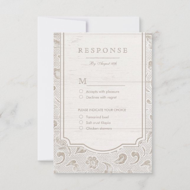 Weißes Spitzenholz rustikale Landhochzeit UAWG RSVP Karte (Vorderseite)