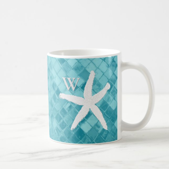 Weißes Starfish-Aqua-Seeglas-Monogramm Kaffeetasse (Rechts)