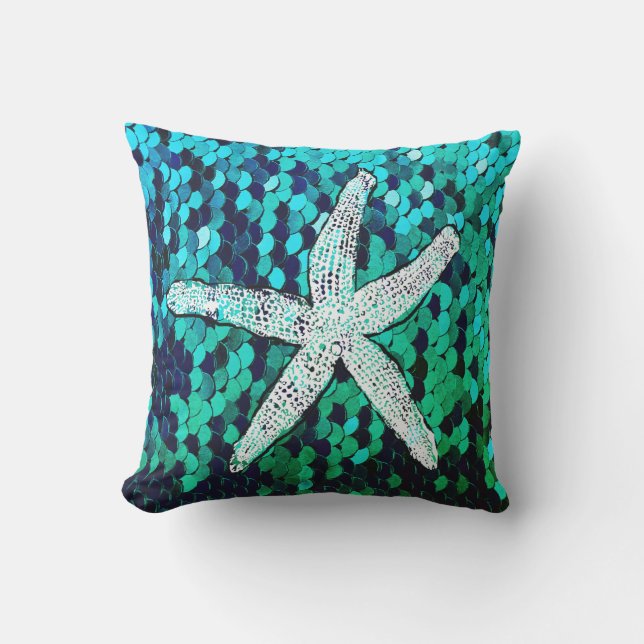 Weißes Starfish Glitterie Mermaid Sequins Grün Bla Kissen (Vorderseite)