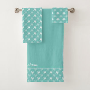 Weißes Sternenmuster auf Aquamarinem Blau  Badhandtuch Set