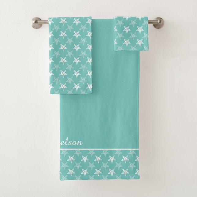 Weißes Sternenmuster auf Aquamarinem Blau  Badhandtuch Set (Insitu)