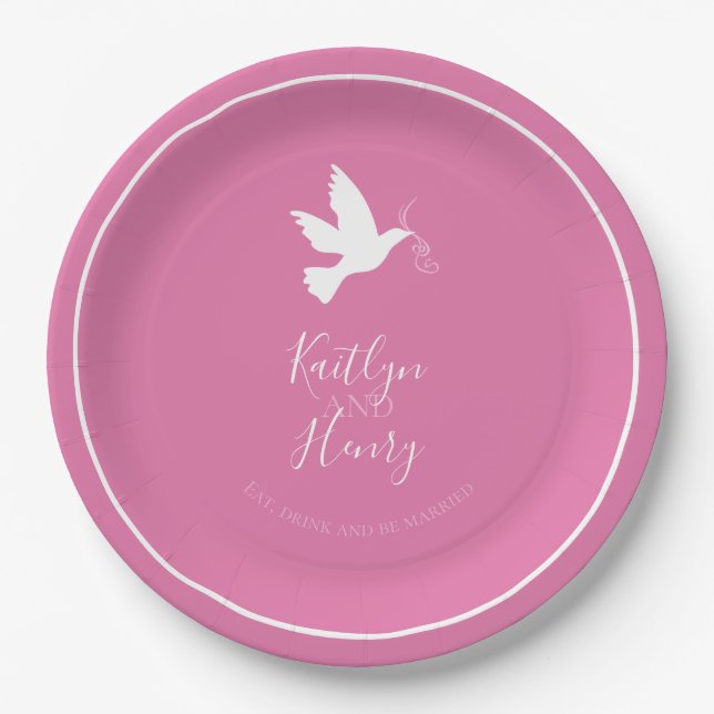 Weißes Taubenfliege Rosa Bänder Hochzeit Pappteller (Vorderseite)