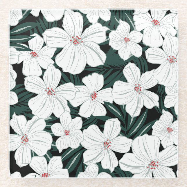 Weißes tropisches Blumen-Muster Glasuntersetzer (Vorderseite)