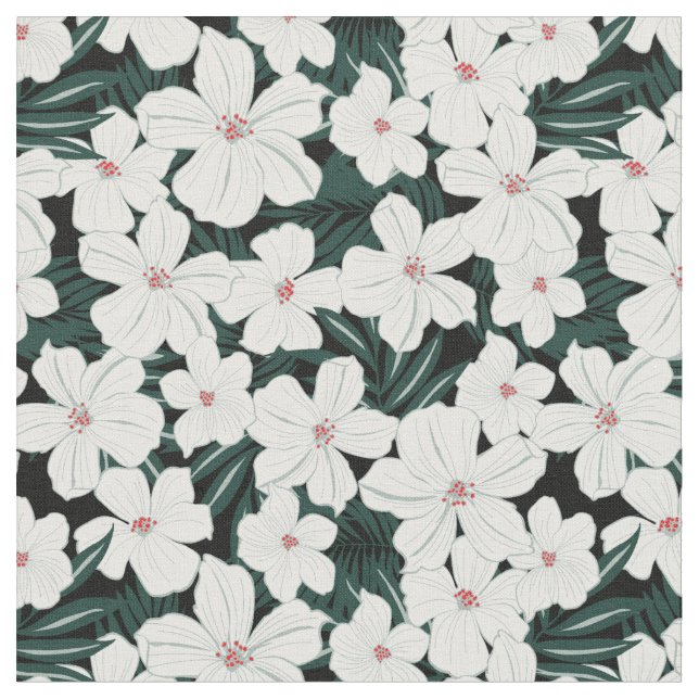 Weißes tropisches Blumen-Muster Stoff (Nahaufnahme)