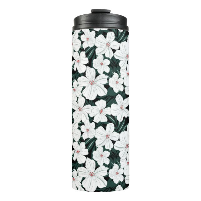 Weißes tropisches Blumen-Muster Thermosbecher (Vorderseite)