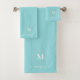 Weißes, türkisfarbenes Monogramm Badhandtuch Set