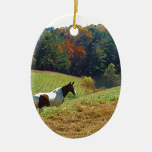 Weißes und braunes Pferd, Herbstteich Keramik Ornament