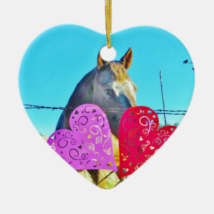 Weißes und braunes Pferd Valentine Hearts Keramikornament