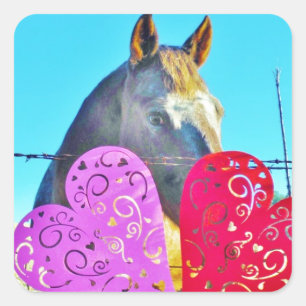 Weißes und braunes Pferd Valentine Hearts Quadratischer Aufkleber