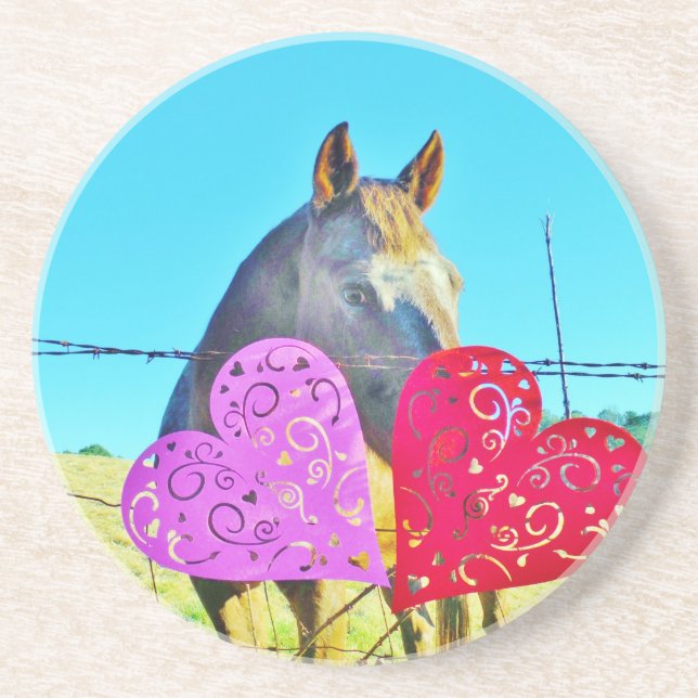 Weißes und braunes Pferd Valentine Hearts Sandstein Untersetzer (Vorne)