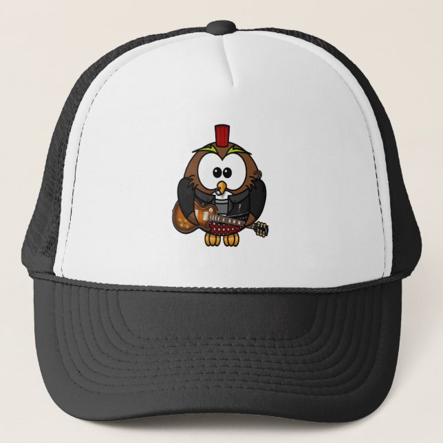 Weißes und braunes Uhu spielt Gitarre mit rotem Hu Truckerkappe (Vorderseite)