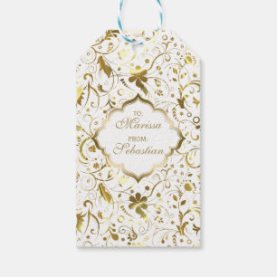 Weißes und goldenes florales Damastmuster Geschenkanhänger